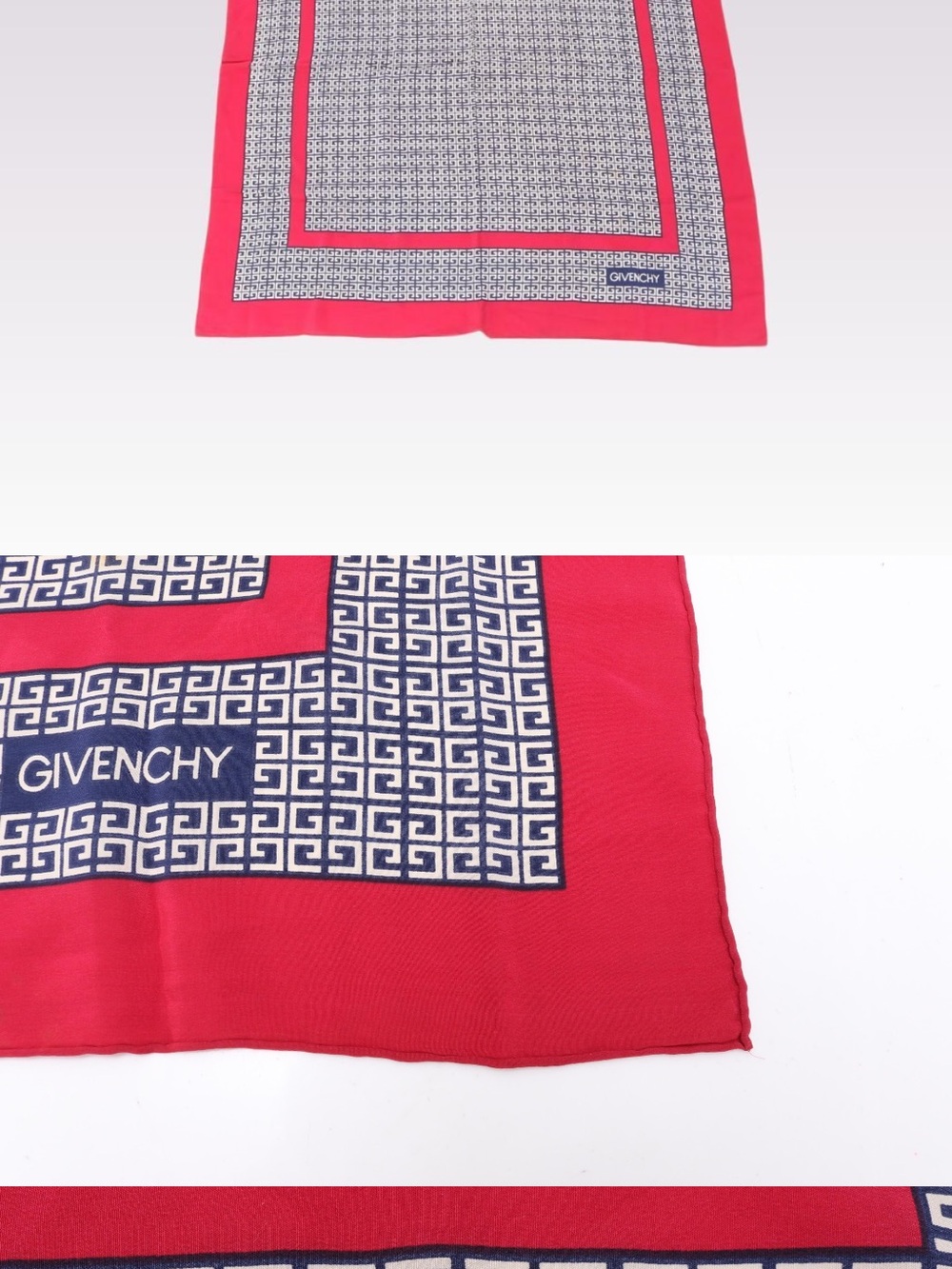 Givenchy Pink-Red and Navy Greek Key Silk Scarf